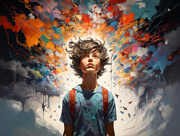 Foto salud mental en la juventud concepto abstracto creativo sobre adolescentes ilustración colorida de un niño adolescente