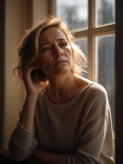 Salud mental Mujer de mal humor y esperando a alguien cerca de la ventana en casa