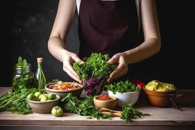 Salud verde y comida vegana con manos de chef sosteniendo ensalada en una cocina creada con IA generativa