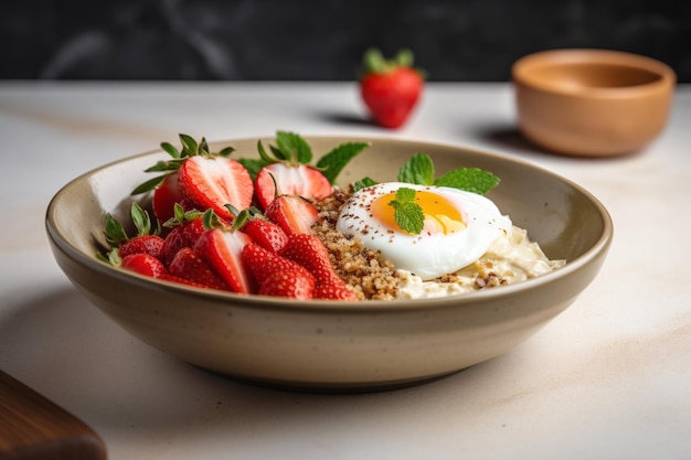 Saludable cuenco de huevos de quinoa con fresas y guarnición verde