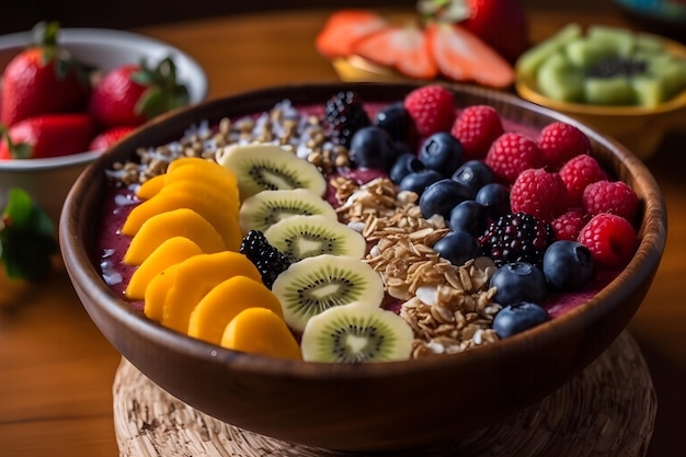 Saludable desayuno sabroso avena con bayas y frutas red neuronal ai generada