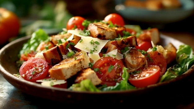 Saludable Ensalada César De Pollo A La Parrilla Con Tomates Y Queso