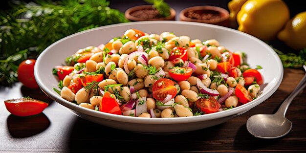 Saludable ensalada de frijoles blancos mediterráneos hermosamente aislados en un fondo transparente invitando v