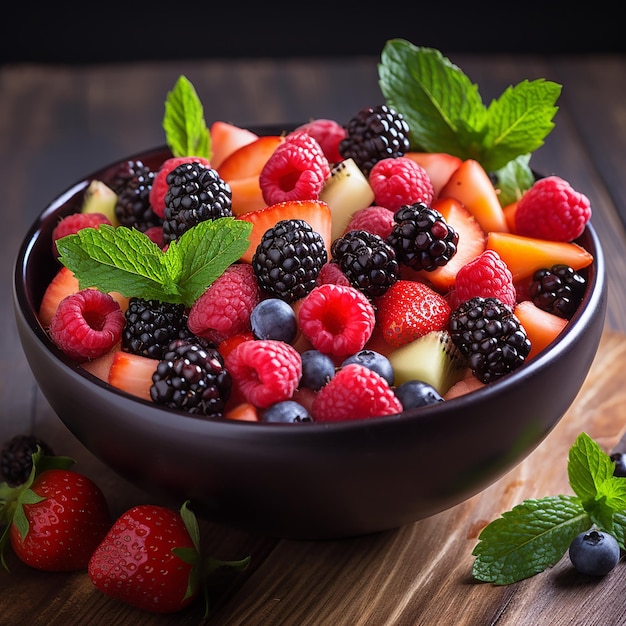 Saludable ensalada de frutas gourmet con bayas orgánicas generativas