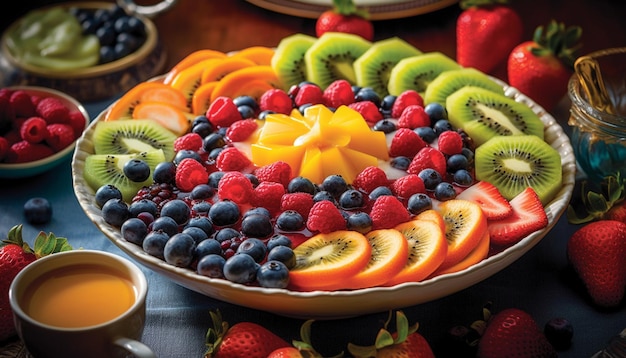 Saludable ensalada gourmet con bayas multicolores melón y refresco de yogur generado por IA