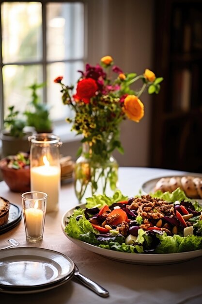 Foto saludable ensalada de verduras de pepino fresco cebolla espinaca lechuga y sésamo en el plato menú de dieta ai gen