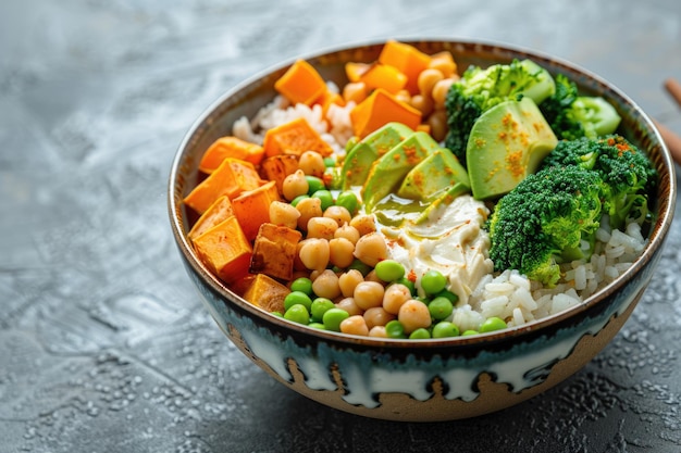 Saludable y equilibrado macrobiótico vegano arroz y ensalada de verduras en un tazón con hummus aguacate