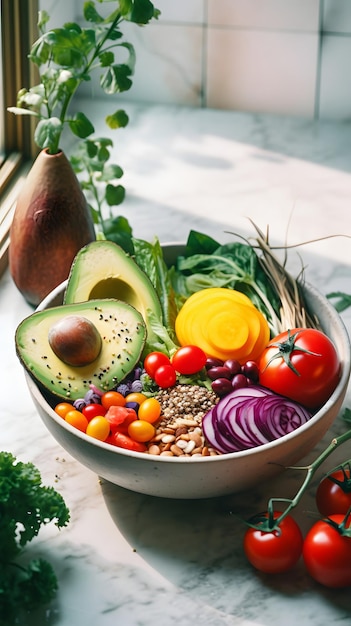 Saludable Poke Bowl Buda tazón ensalada colorida con súper alimentos vegano comida saludable