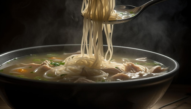 Saludable sopa de fideos casera con cerdo y verduras servida caliente generada por inteligencia artificial