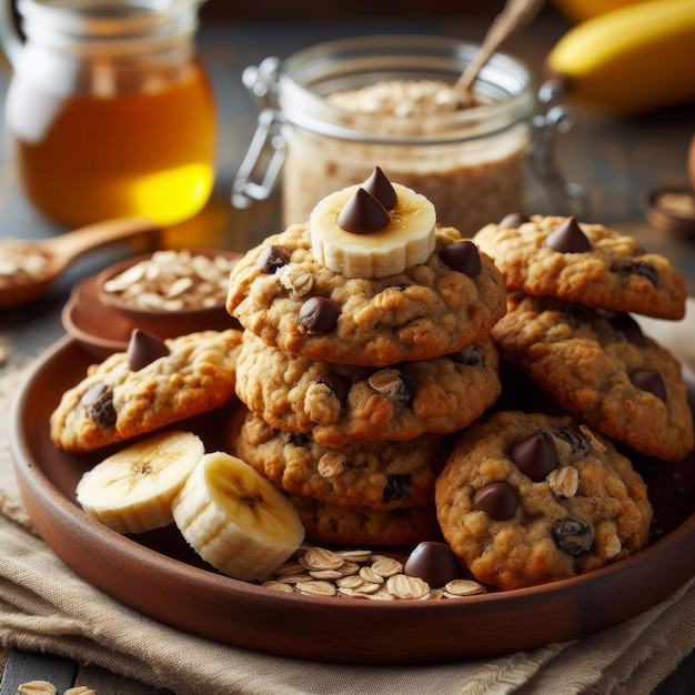 Foto saludables galletas de avena y plátano con trozos de chocolate