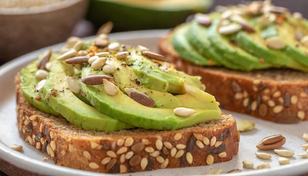 Saludables tostadas de aguacate para el desayuno o el almuerzo con pan de centeno, aguacate en rodajas y semillas de calabaza