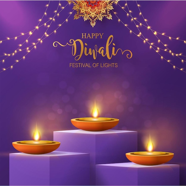 Saludo feliz del festival de diwali con decoración de lámparas de aceite diya