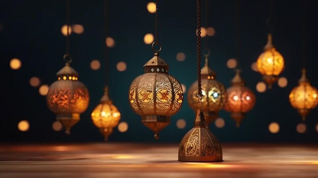 Foto saludo del festival de eid mubarak con lámparas y luna