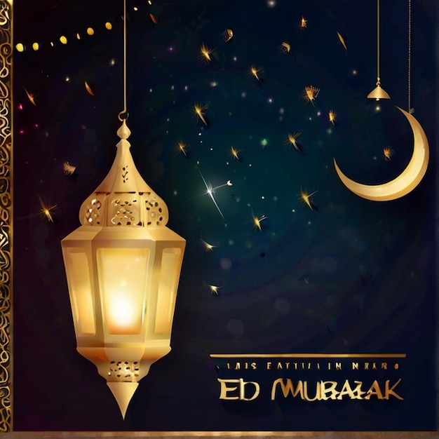 Saludo de la fiesta de Eid Mubarak con lámparas y luna Texto de saludo de Eid Muharram de fondo