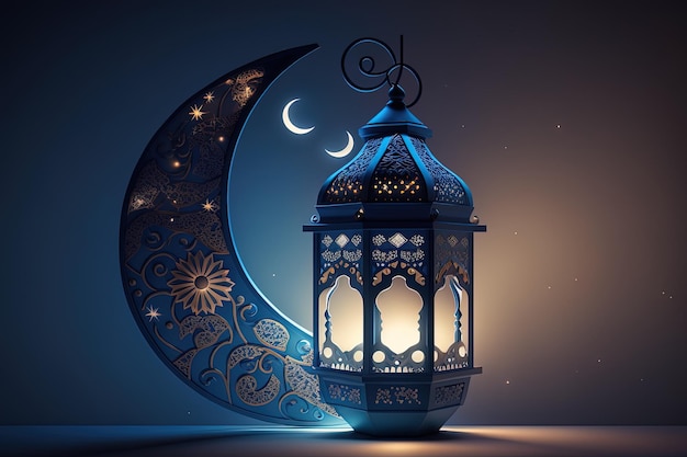 Saludo islámico Tarjetas de Eid Mubarak para fiestas musulmanas Celebración del festival EidUlAdhaÁrabe Ramadan Lantern Generative AI Crescent Islámica con mezquita para Ramadan Kareem