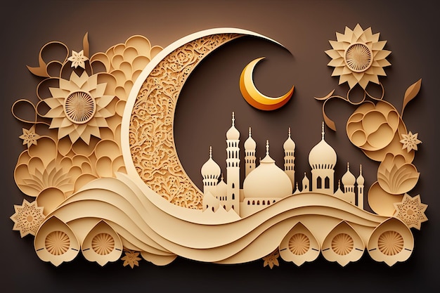 Saludo islámico Tarjetas de Eid Mubarak para fiestas musulmanas Celebración del festival EidUlAdhaÁrabe Ramadan Lantern Generative AI quilling paper cut Crescent Islamic con mezquita para Ramadan Kareem