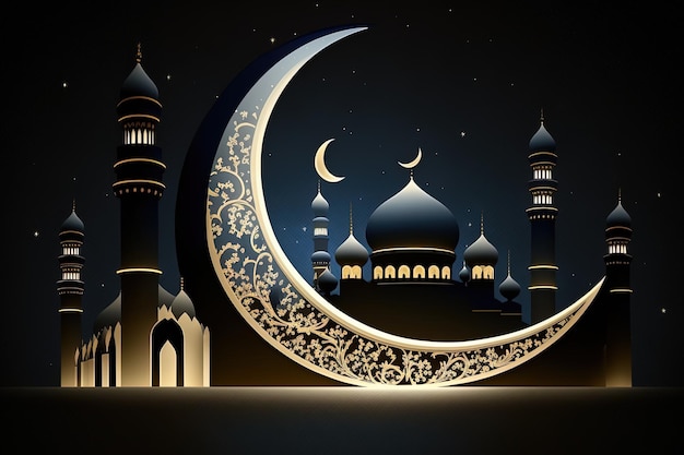 Saludo islámico Tarjetas de Eid Mubarak para fiestas musulmanas Celebración del festival EidUlAdhaÁrabe Ramadan Lantern Generative AI Crescent Islámica con mezquita para Ramadan Kareem