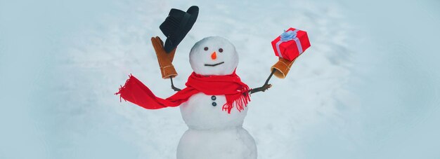 Saludo muñeco de nieve Muñeco de nieve hecho a mano Muñeco de nieve de Navidad con regalo de Navidad Hola invierno Muñeco de nieve feliz de pie en invierno Paisaje navideño Feliz hombre de nieve sonriente en banner de día soleado de invierno