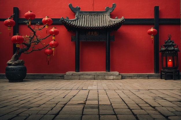 Saludo tradicional chino de fondo rojo con linternas