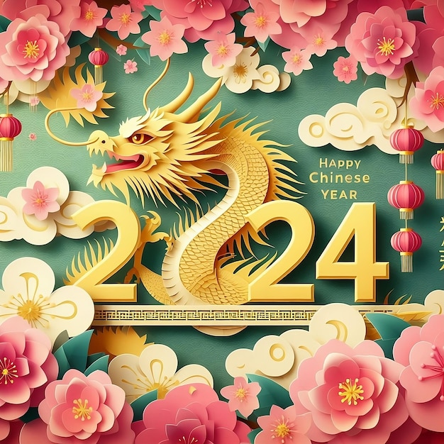 Saludos para el Año Nuevo Chino del Dragón 2024 con arte de papel dragón y oro de color 2024