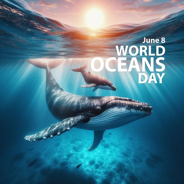 Saludos para el Día Mundial de los Océanos con un fondo de una ballena madre y su cría nadando