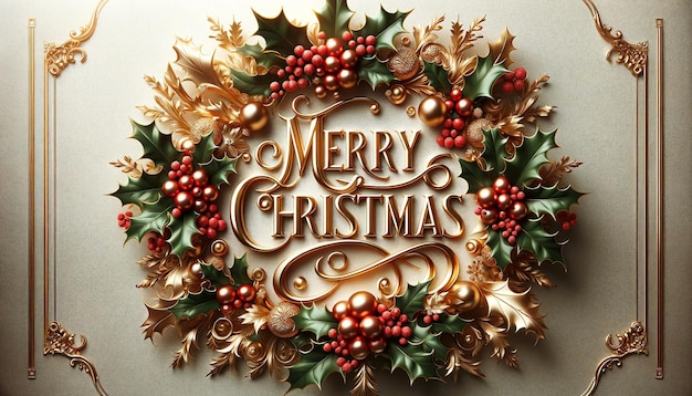 Saludos dorados Elegante Feliz Navidad rodeada de acebo y bayas