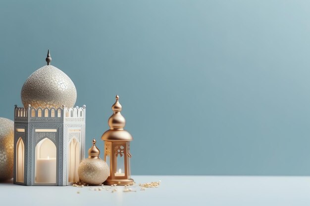 Saludos de eid mubarak y ramadan kareem con espacio para copiar Linterna islámica y mezquita de Eid al fitr