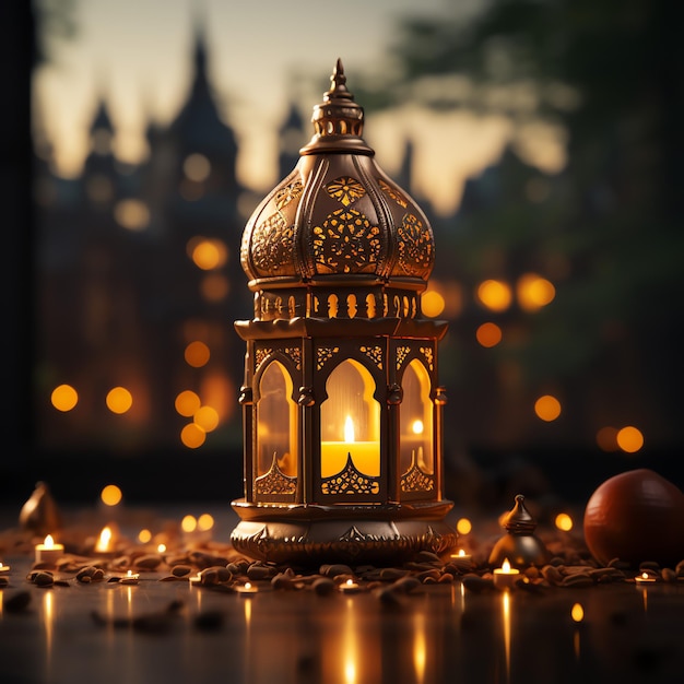 Saludos de eid mubarak y ramadan kareem con linterna islámica y fondo de mezquita Eid al fitr