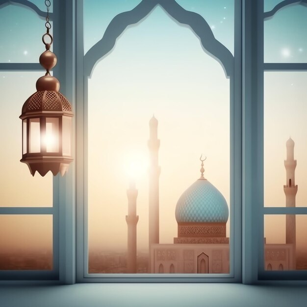 Foto saludos de eid mubarak y ramadan kareem con linterna islámica y mezquita eid al fitr en el fondo