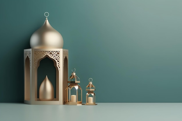 Saludos de Eid mubarak y ramadan kareem con linterna islámica y mezquita Eid al fitr en el fondo