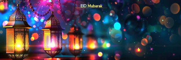 Saludos de Eid Mubarak y Ramadán Kareem con linternas islámicas y fondo bokeh