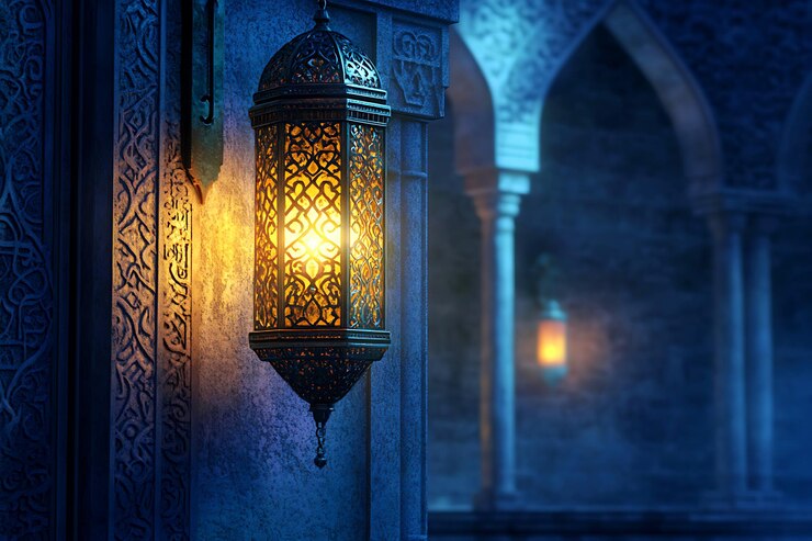 Saludos de Eid Mubarak y Ramadán Kareem con linternas islámicas