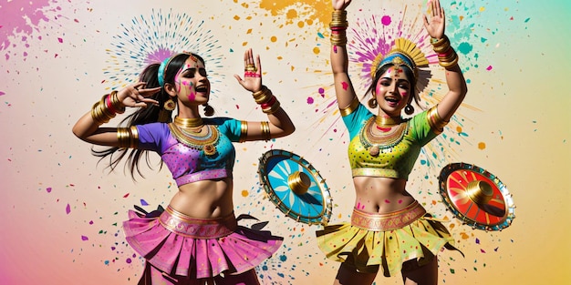 Saludos de Holi con el baterista y la dama india bailando en una fiesta de celebración