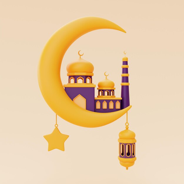 Saludos de ramadán 3d con mezquita de linterna y luna creciente Fiesta islámica Raya Hari Eid al Adha Representación 3d