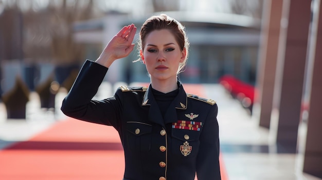 Foto salutando uma mulher de uniforme policial em um evento cerimonial