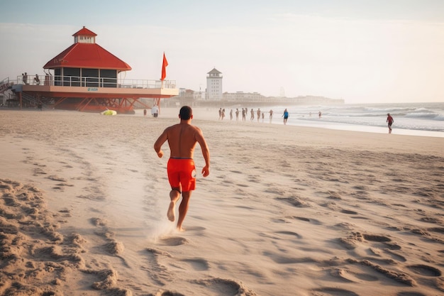 Salva-vidas na praia olhando para o mar Segurança ao nadar Generative AI