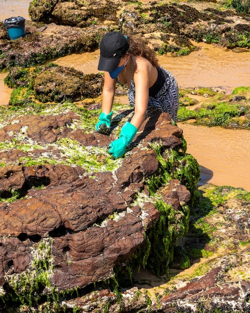 Salvador Bahia Brasil 27 de outubro de 2019 Um voluntário é visto limpando a praia do Rio Vermelho após um derramamento de óleo por um navio na costa brasileira Salvador Bahia