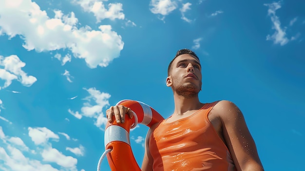 Foto salvador de serviço homem musculoso com um colete salva-vidas ao redor do pescoço está de pé na praia e olhando para longe ele está vestindo um fato de banho laranja