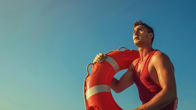 Foto salvador de serviço homem musculoso com uma bóia salva-vidas está vigiando a praia
