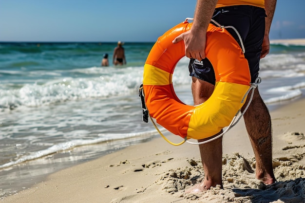 Foto salvador segurando uma bóia de resgate para garantir a segurança na água na praia