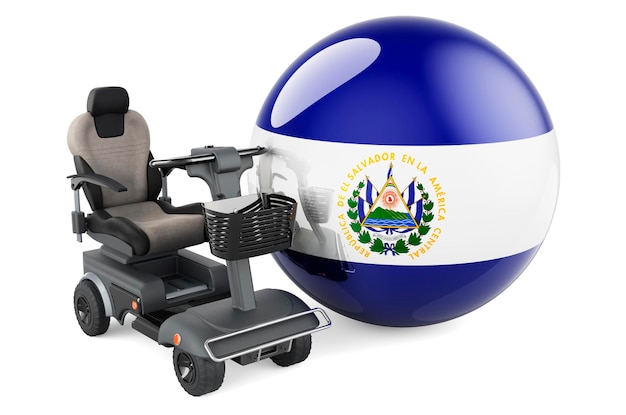 Salvadorianische Flagge mit Indoor-Powerchair oder elektrischem Rollstuhl 3D-Rendering