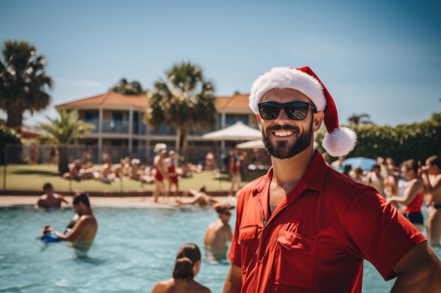 Salvamento en el atuendo de Año Nuevo supervisando vigilantemente una fiesta en la piscina navideña