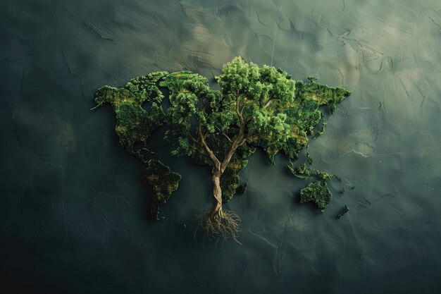 Foto salvar el mundo con un concepto de árbol de mapa del mundo