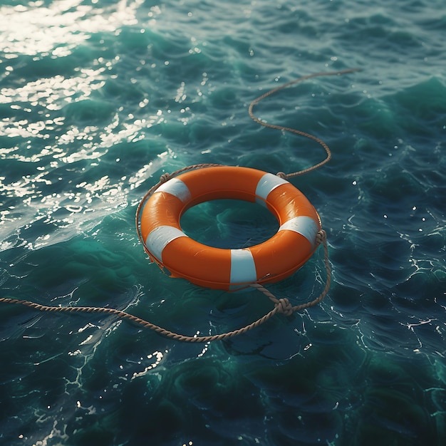Foto un salvavidas está flotando en el agua con una cuerda a su alrededor