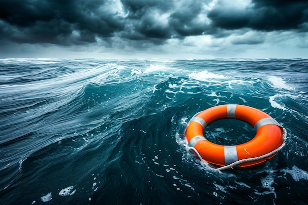 Un salvavidas flotando en el mar en tiempo de tormenta