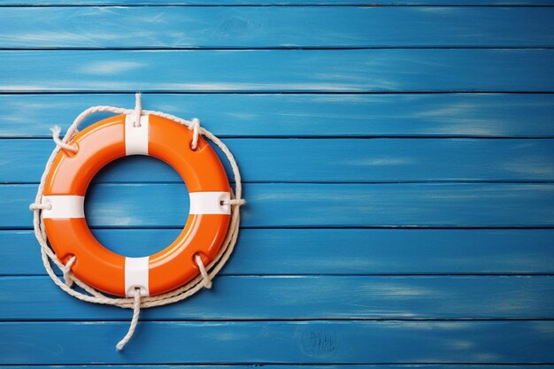 un salvavidas naranja está en una pared de madera azul