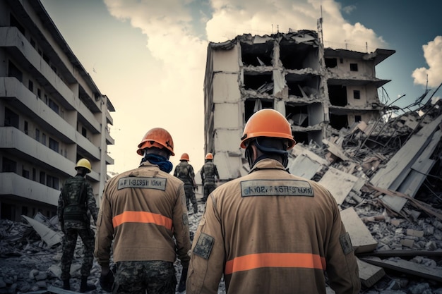 Salvavidas de pie en medio de la destrucción de un edificio después de un desastre IA generativa