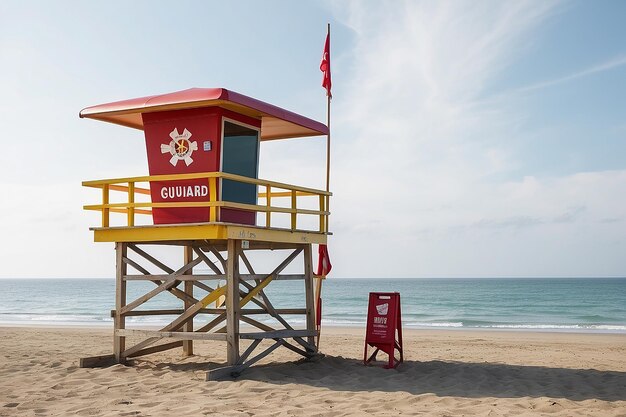 un salvavidas de pie en la playa con un guardavidas en él