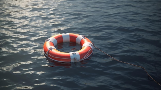 Un salvavidas rojo y blanco flotando en aguas azules tranquilas Generativo ai