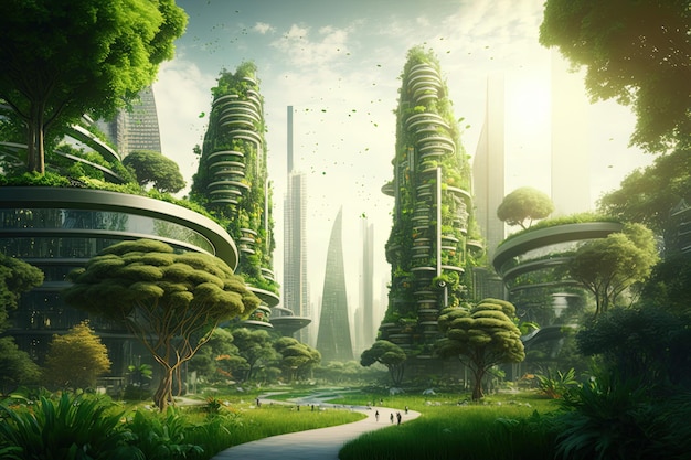 Salve a cidade do planeta em estilo de ecologia verde Tecnologia do futuro rios cromados edifícios arranha-céus arte de alta resolução inteligência artificial generativa